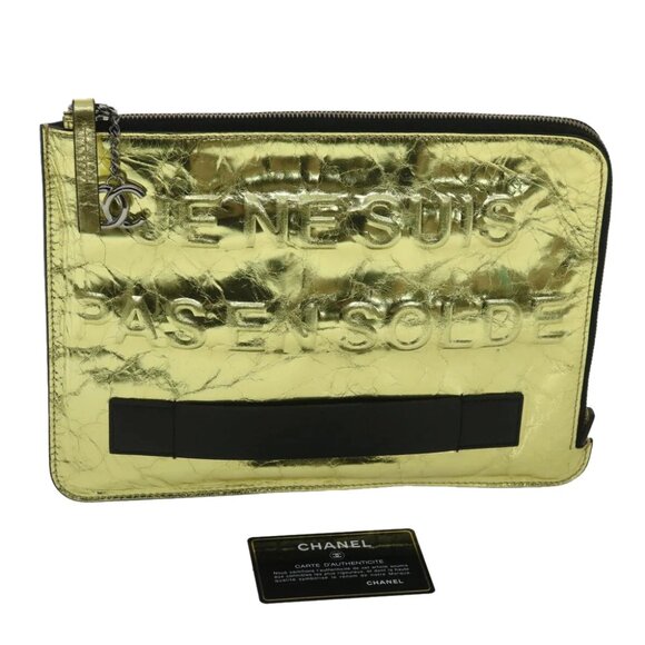 CHANEL Clutch Bag Metallic Leather Gold A82164 CC Auth 38172AV - Picture 1 of 16